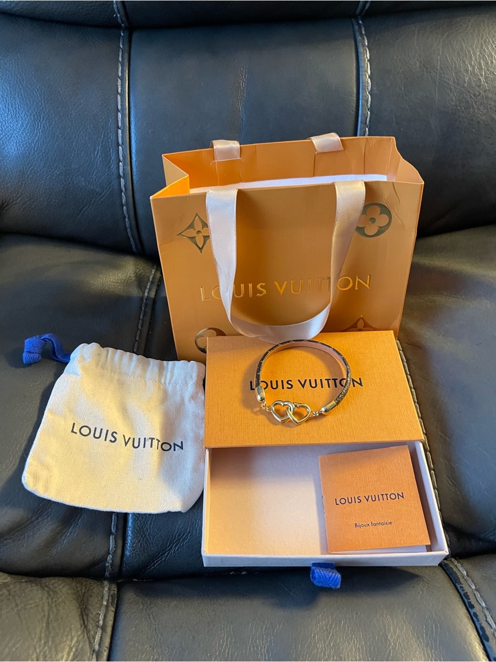 Louis Vuitton Brown Leather Bracelet with Gold Heart Links